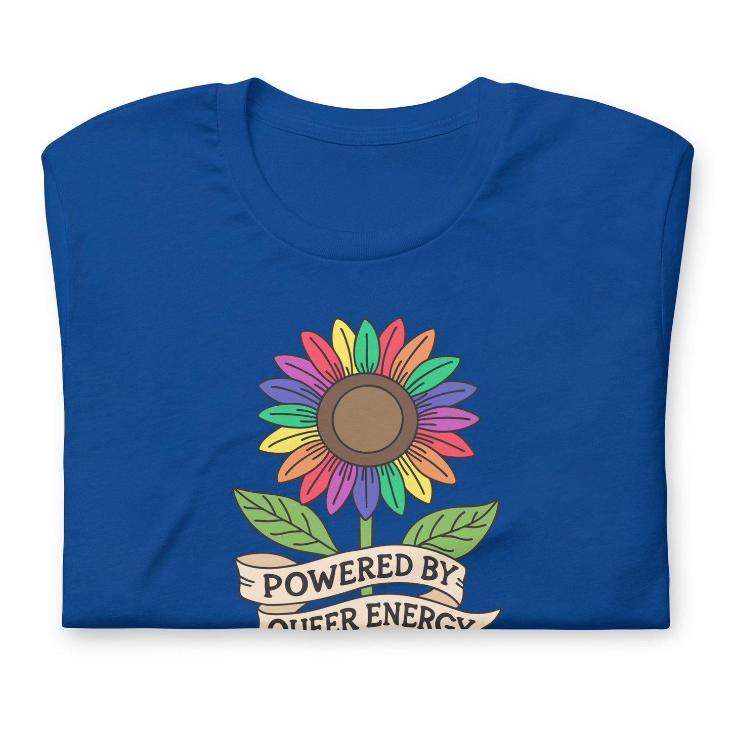 A folded royal blue t-shirt with a colorful rainbow sunflower graphic and a banner underneath that reads 'POWERED BY QUEER ENERGY'.