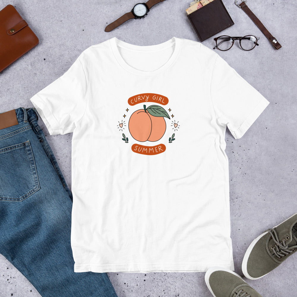 Curvy Girl Summer Unisex T-Shirt Spinsterly Co white graphic tee with peach and Curvy Girl Summer print