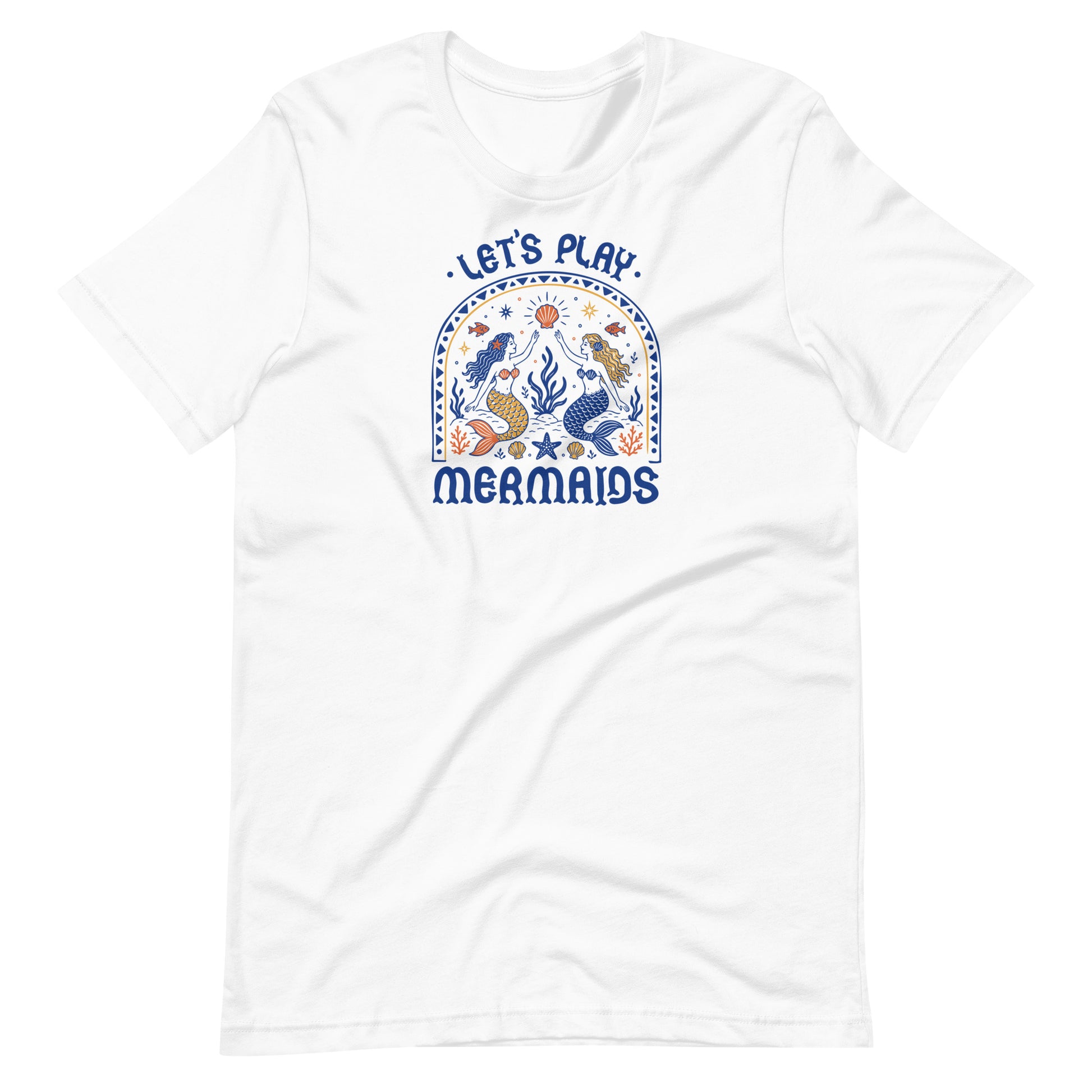 Let's Play Mermaids T-Shirt by Spinsterly Co in white with mermaid graphic summer print for beach and pool
