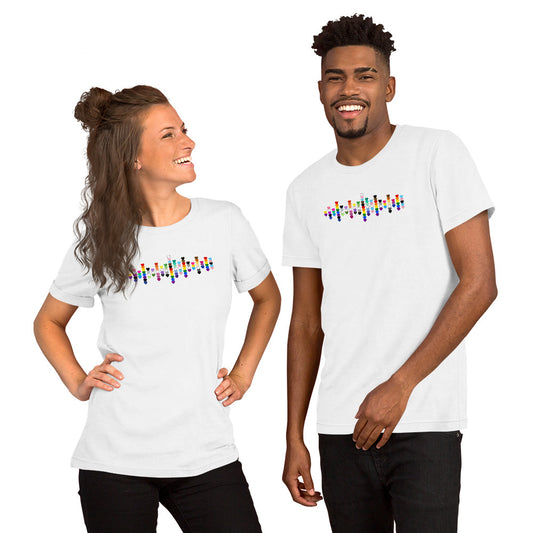 A smiling woman and man standing together, both wearing white t-shirts with a colorful Pride heart graphic on the chest.