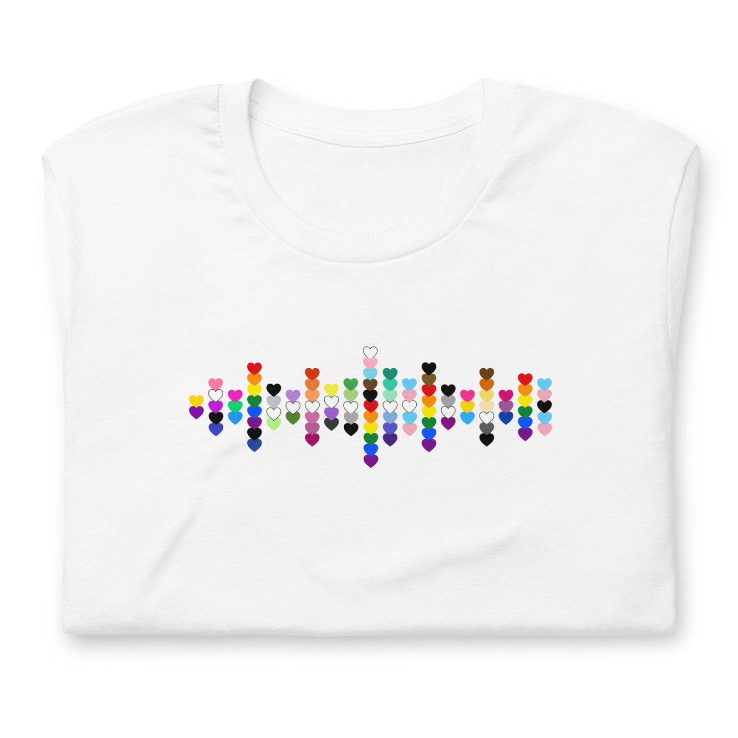 A flat lay folded white t-shirt with a Pride Heart graphic design across the chest.