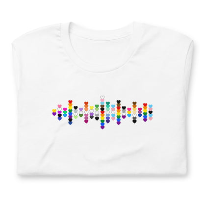 A flat lay folded white t-shirt with a Pride Heart graphic design across the chest.