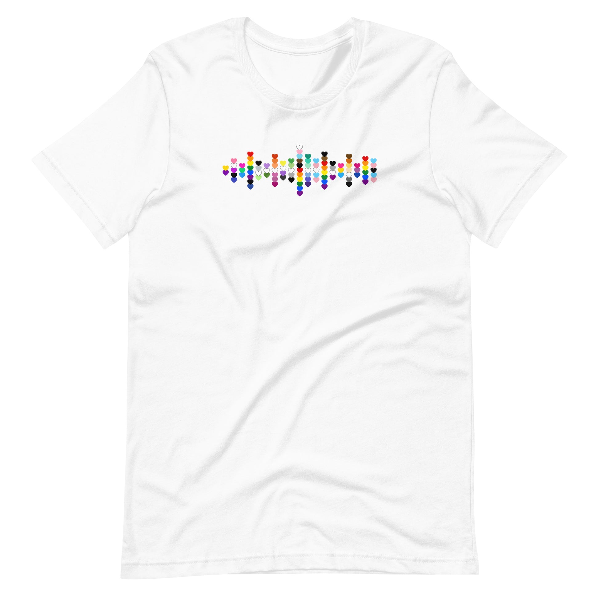 A flat lay white t-shirt with a Pride heart graphic design across the chest.
