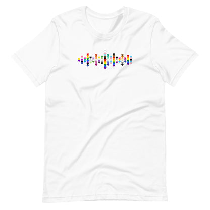 A flat lay white t-shirt with a Pride heart graphic design across the chest.