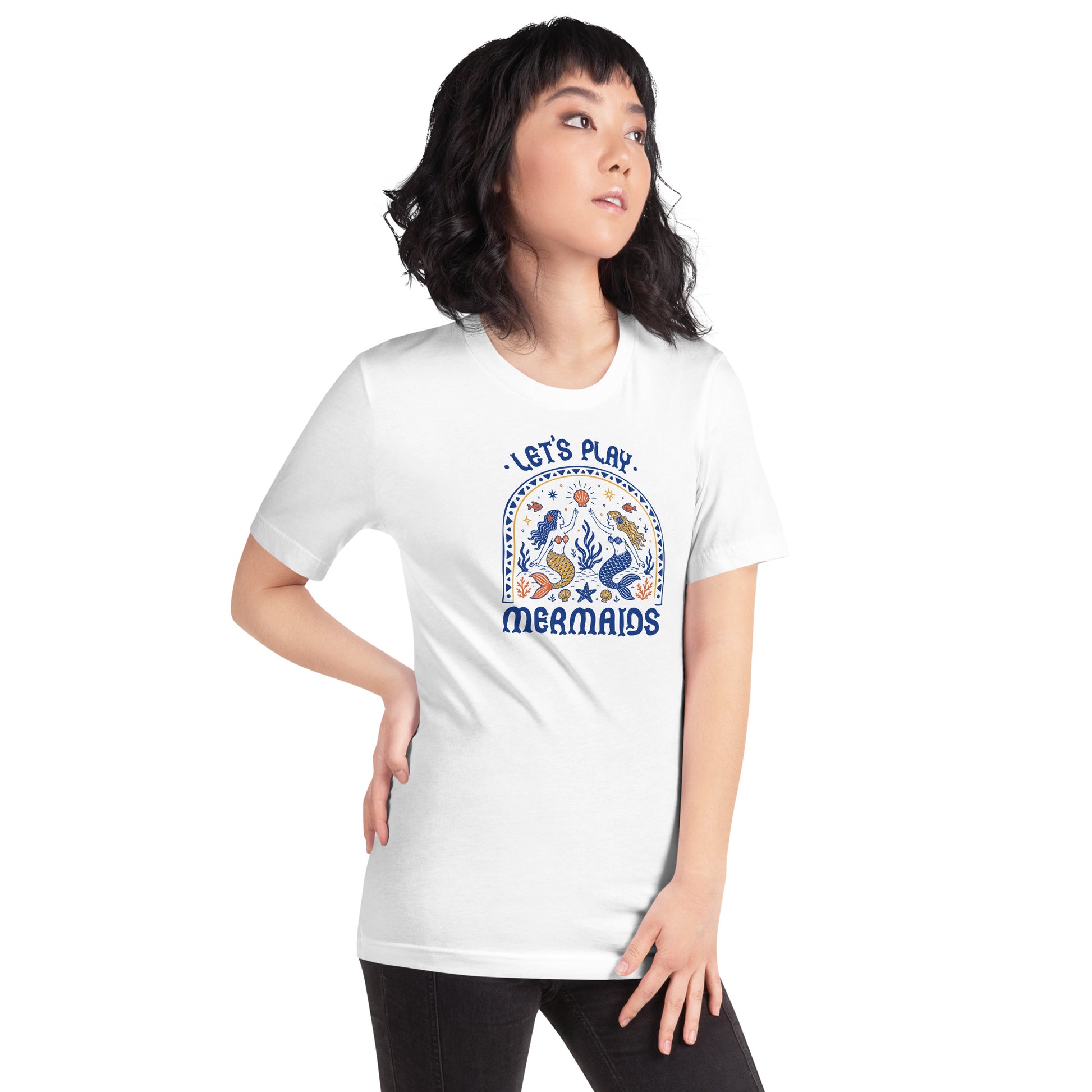 Let's Play Mermaids T-Shirt by Spinsterly Co, white mermaid graphic summer tee with ocean scene print
