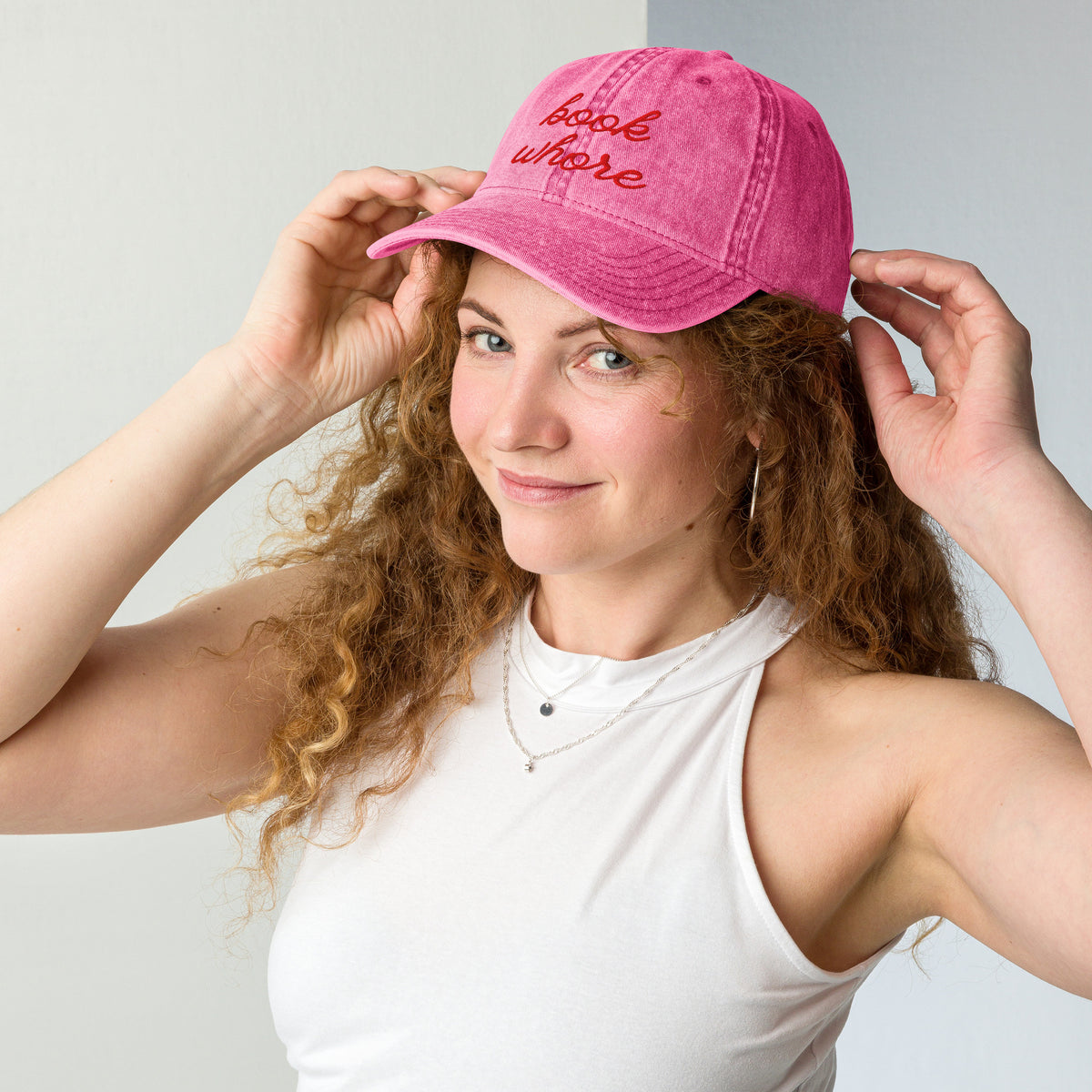 Book Whore — Vintage Washed Pink Dad Cap | BookTok Embroidered Baseball Hat - Spinsterly Co