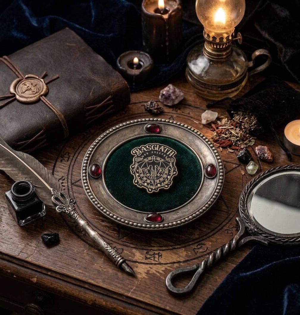 A gothic-style tabletop arrangement featuring a round silver-toned tray with a green velvet center and a prominent war college inspired badge with dragon design, surrounded by a mirror, ink bottle, feather quill, wax seal journal, and lit candles on a wooden surface.
