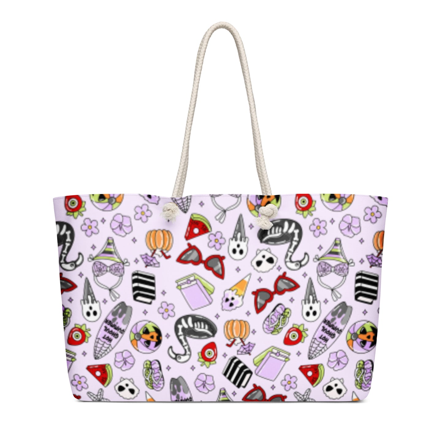 Summerween Oversized Weekender Bag Kawaii Goth Beach Tote by Spinsterly Co with lavender spun polyester exterior