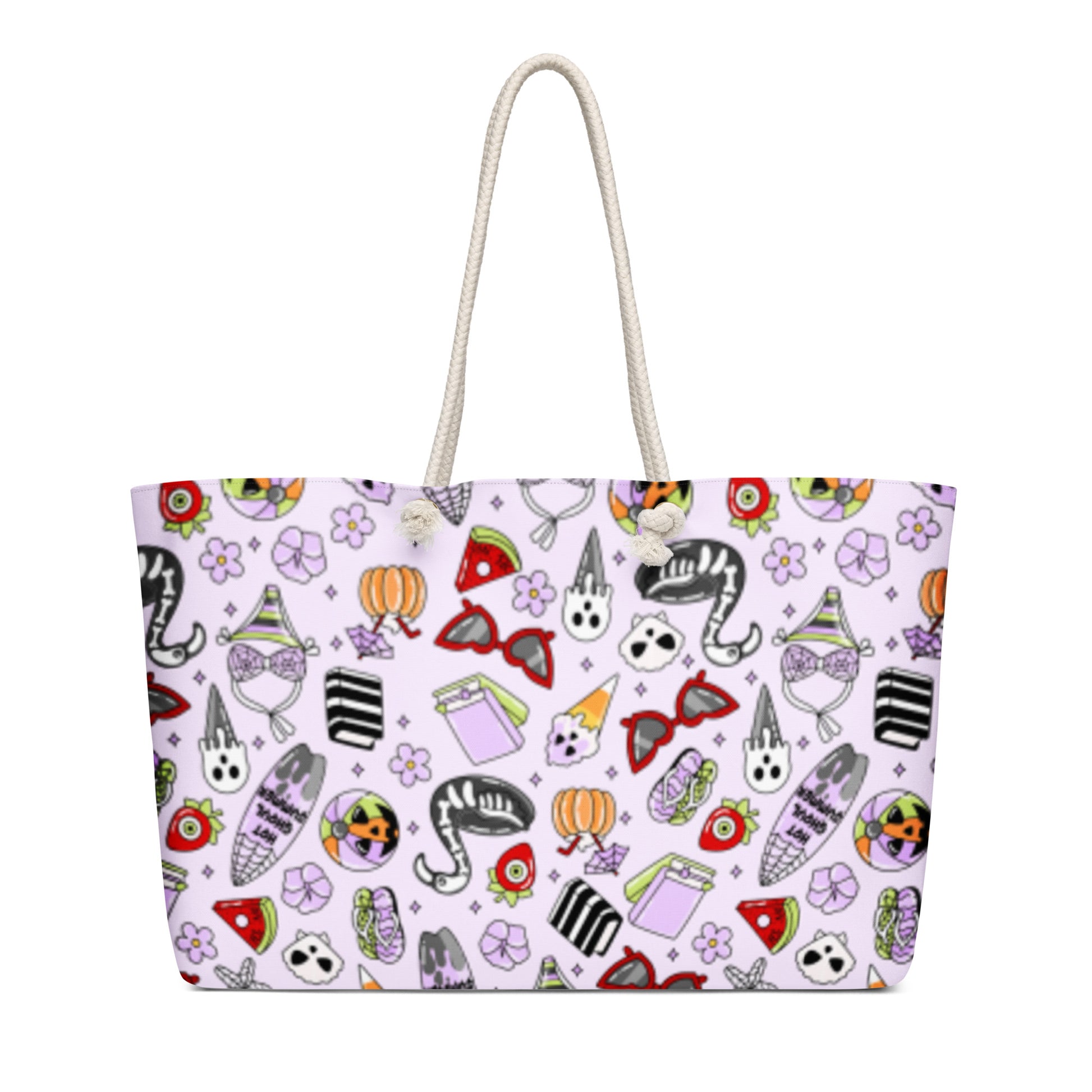 Summerween Oversized Weekender Bag Kawaii Goth Beach Tote by Spinsterly Co with lavender spun polyester exterior