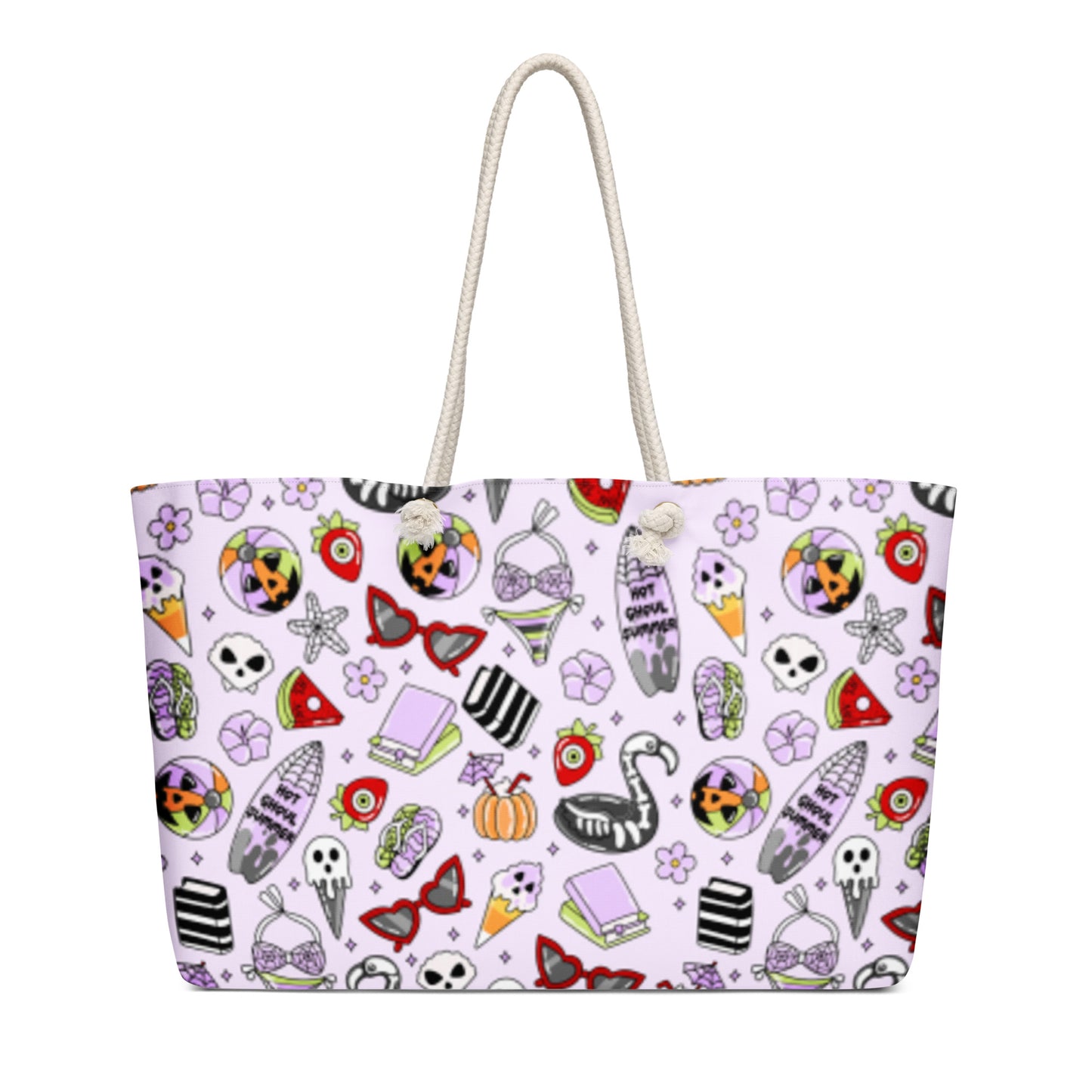 Summerween Oversized Weekender Bag Kawaii Goth Beach Tote by Spinsterly Co with white rope handles and purple print