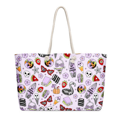 Summerween Oversized Weekender Bag Kawaii Goth Beach Tote by Spinsterly Co with white rope handles and purple print