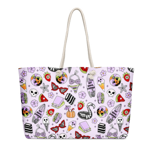 Summerween Oversized Weekender Bag Kawaii Goth Beach Tote by Spinsterly Co with white rope handles and purple print