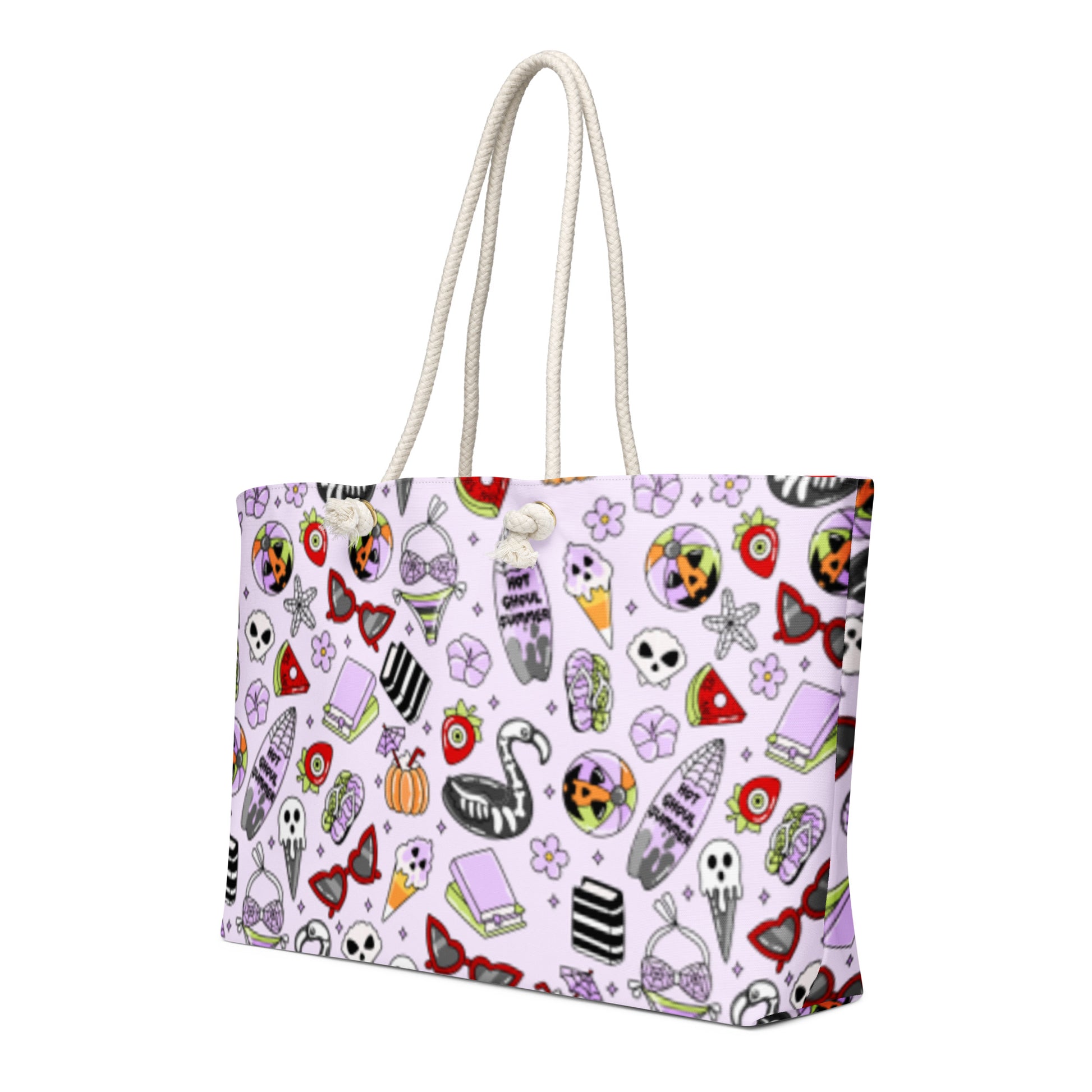 Summerween Oversized Weekender Bag by Spinsterly Co, kawaii goth beach tote in light purple with rope handles