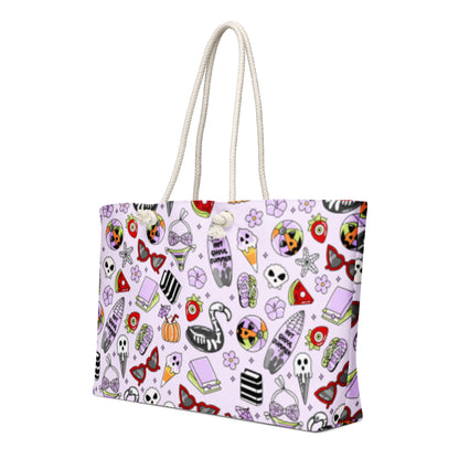 Summerween Oversized Weekender Bag by Spinsterly Co, kawaii goth beach tote in light purple with rope handles