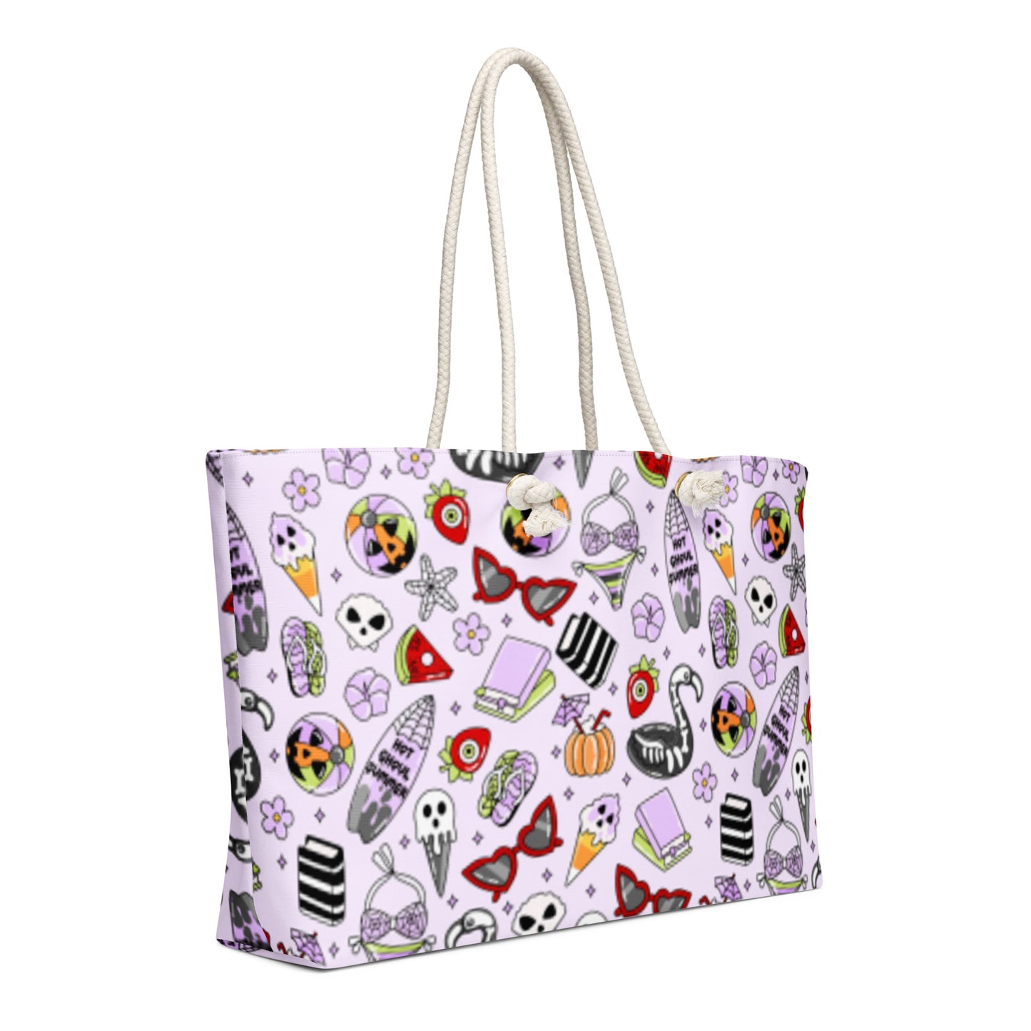 Summerween Oversized Weekender Bag Kawaii Goth Beach Tote by Spinsterly Co in light purple with rope handles
