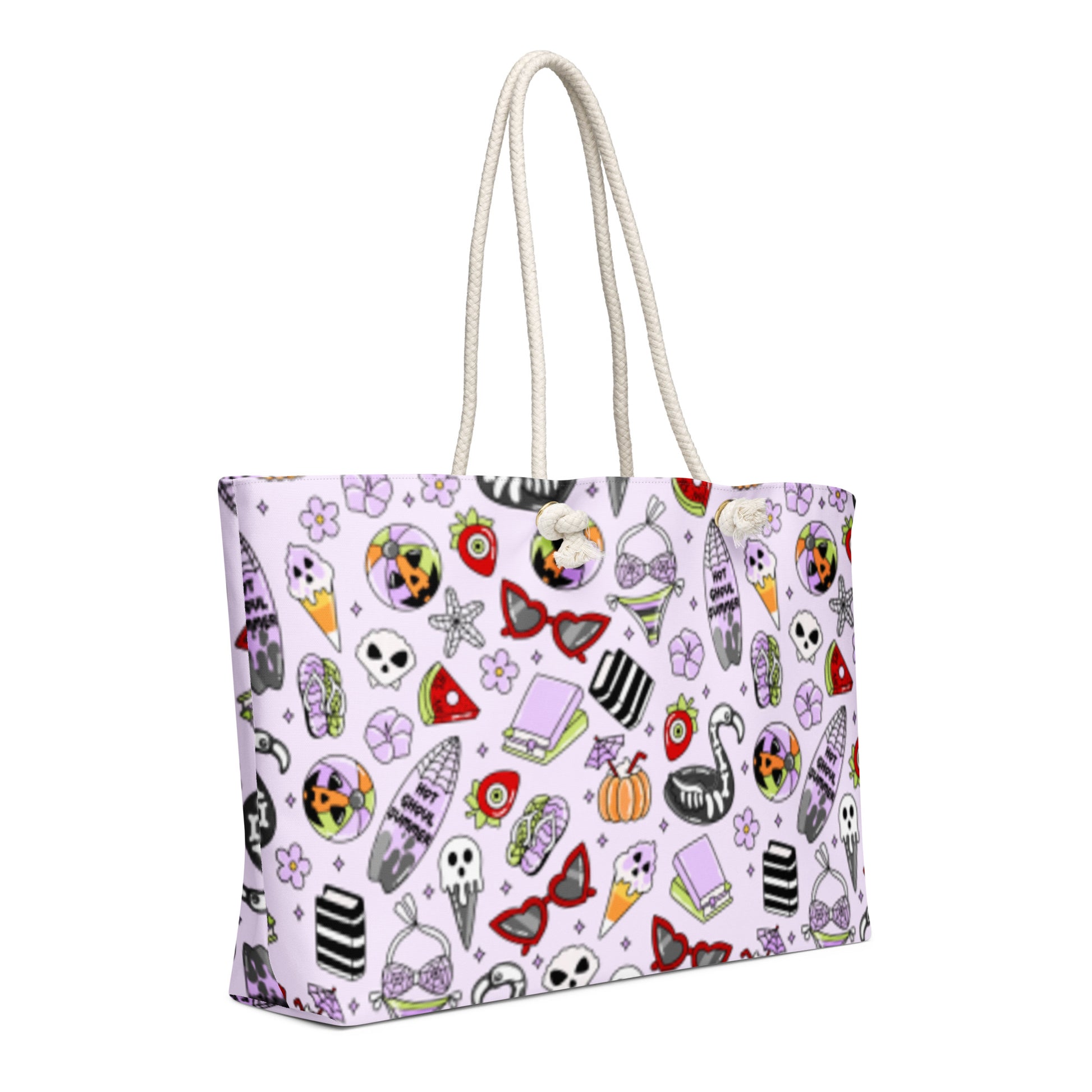 Summerween Oversized Weekender Bag Kawaii Goth Beach Tote by Spinsterly Co in light purple with rope handles