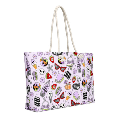 Summerween Oversized Weekender Bag Kawaii Goth Beach Tote by Spinsterly Co in light purple with rope handles