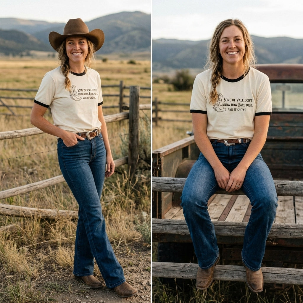 A side-by-side lifestyle photo of a woman wearing a cream graphic t-shirt with black trim, blue jeans, and a brown cowboy hat in an outdoor ranch setting with mountains in the background.