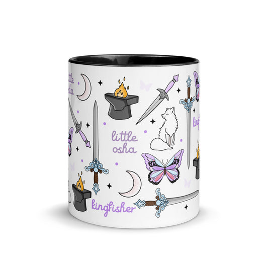 Little Osha Fantasy Scatter Pattern Accent Coffee Mug by Spinsterly Co, white ceramic with glossy witchy artwork