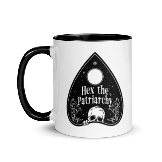 Hex the Patriarchy Ouija Planchette Color Inside Ceramic Coffee Mug by Spinsterly Co, glossy white with black rim