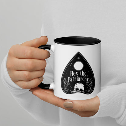 Hex the Patriarchy Ouija Planchette Color Inside Ceramic Coffee Mug by Spinsterly Co, white with black interior