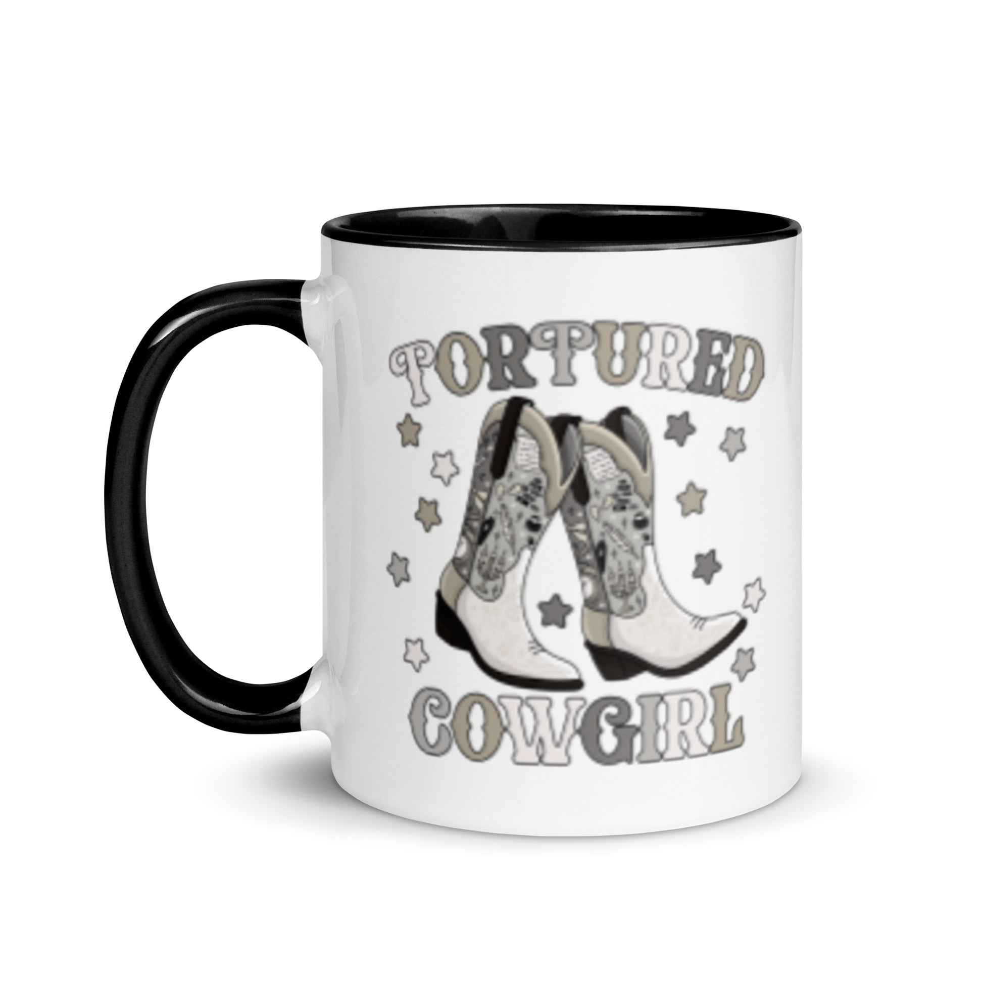 Tortured Cowgirl Western Boot Accent Coffee Mug by Spinsterly Co, glossy white ceramic with cowboy boot graphic