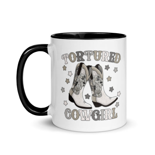 Tortured Cowgirl Western Boot Accent Coffee Mug by Spinsterly Co, glossy white ceramic with cowboy boot graphic