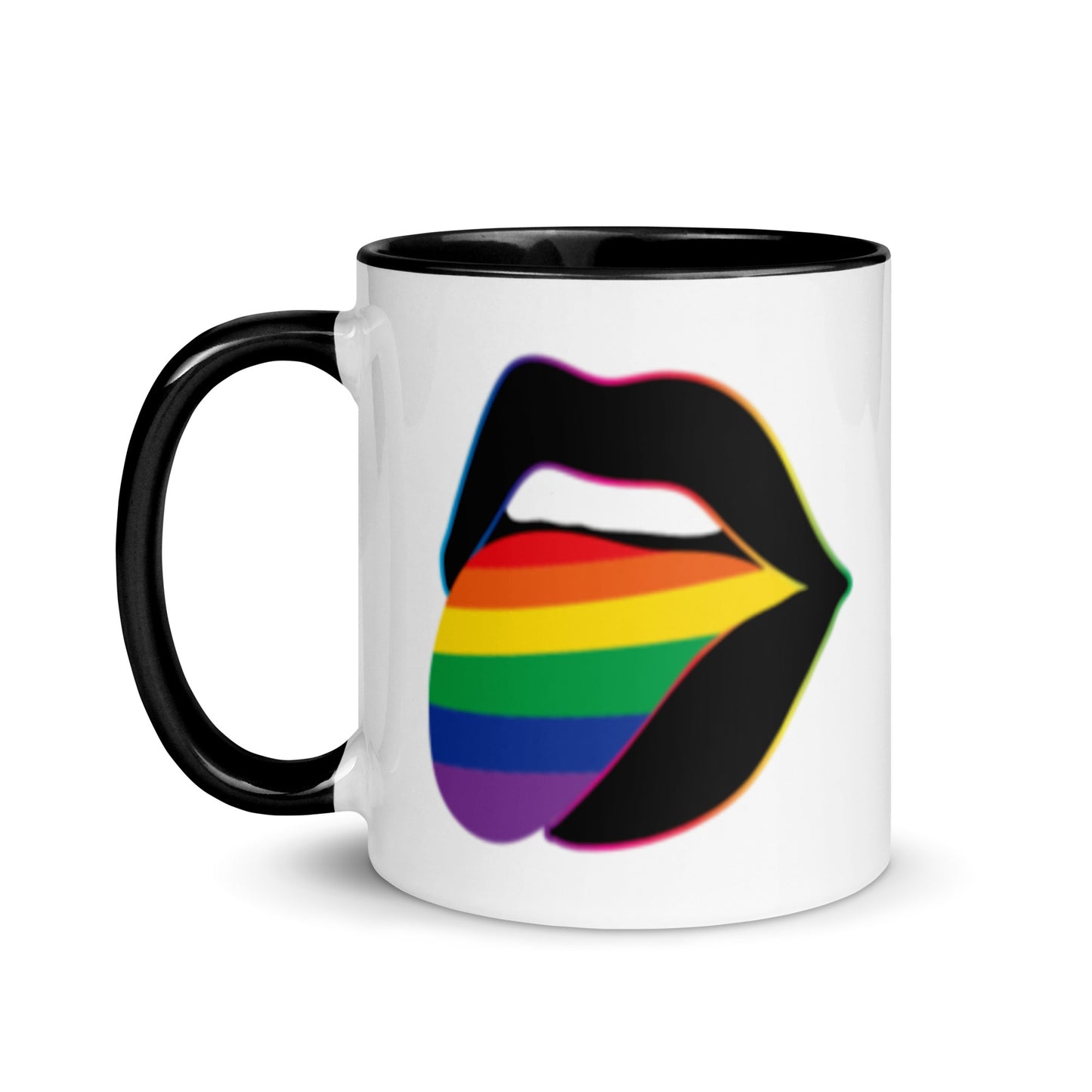 Pride Lips Mug Rainbow LGBTQ Ceramic Mug by Spinsterly Co, glossy white with black rim and rainbow lips