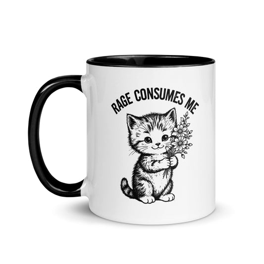 Rage Consumes Me Angry Cat Accent Coffee Mug by Spinsterly Co with glossy ceramic black interior