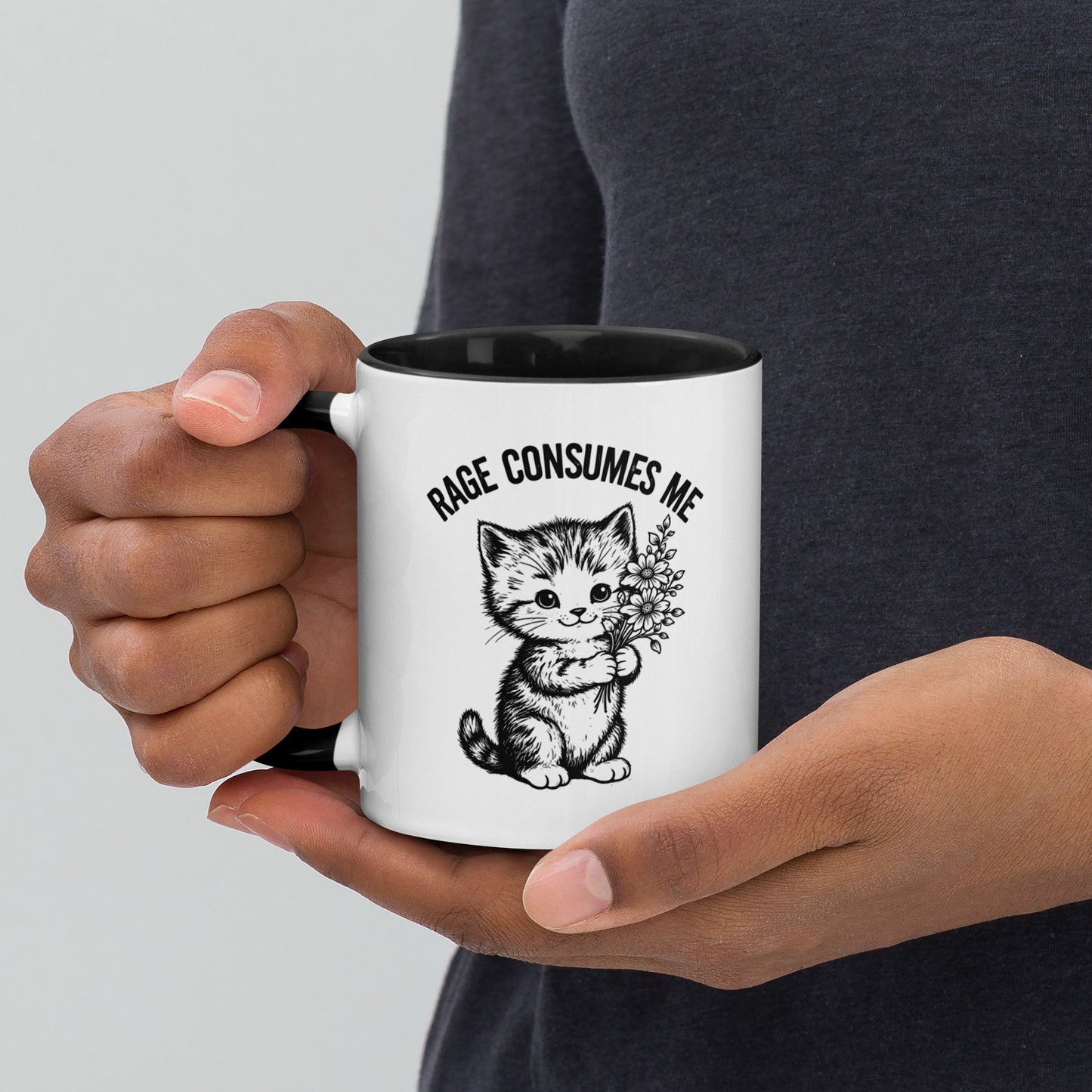 Rage Consumes Me Angry Cat Accent Coffee Mug Spinsterly Co ceramic mug with glossy black interior and cat print