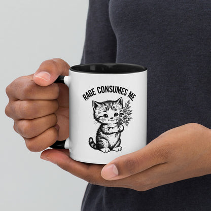 Rage Consumes Me Angry Cat Accent Coffee Mug Spinsterly Co ceramic mug with glossy black interior and cat print