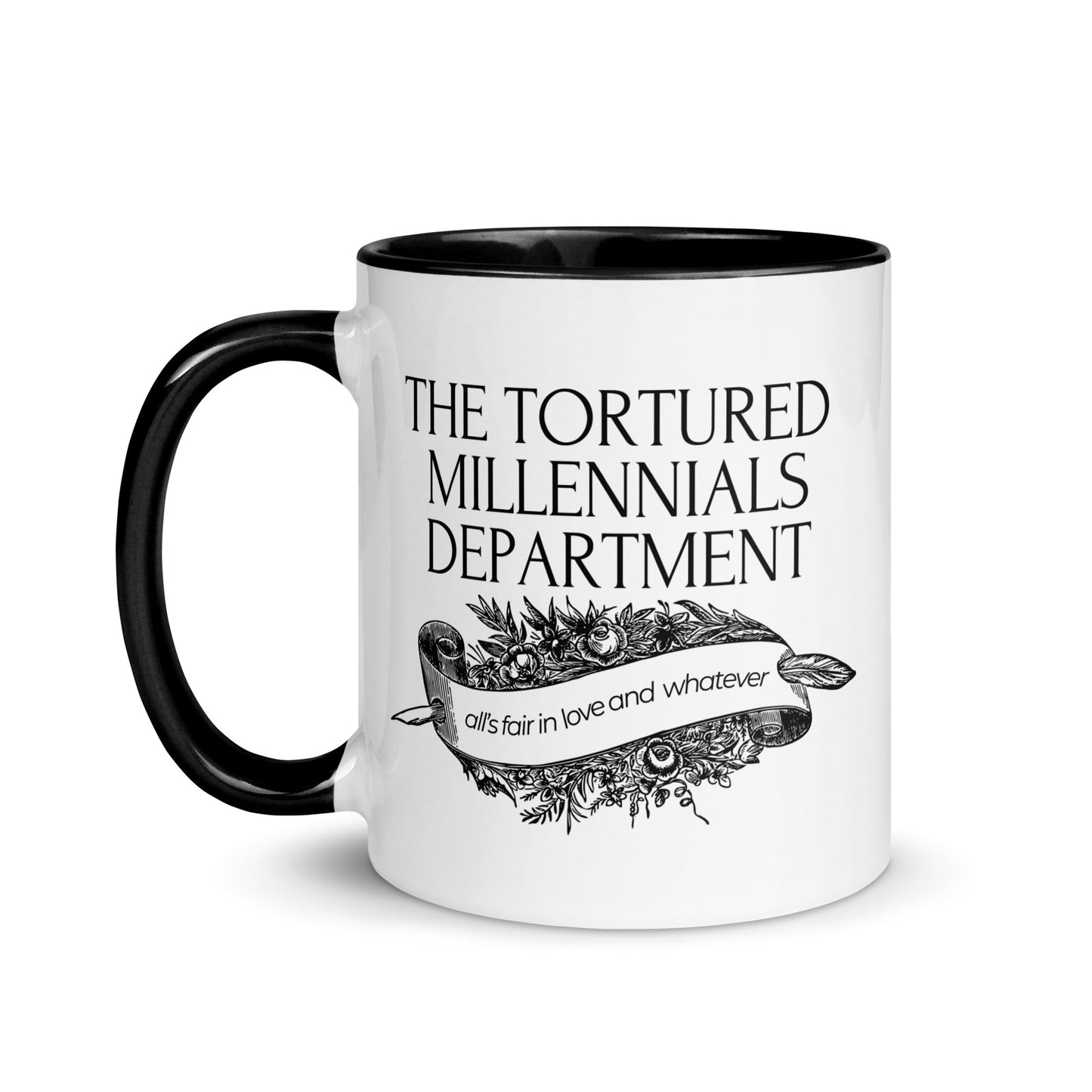 The Tortured Millennials Department Accent Coffee Mug by Spinsterly Co with glossy black interior and serif text