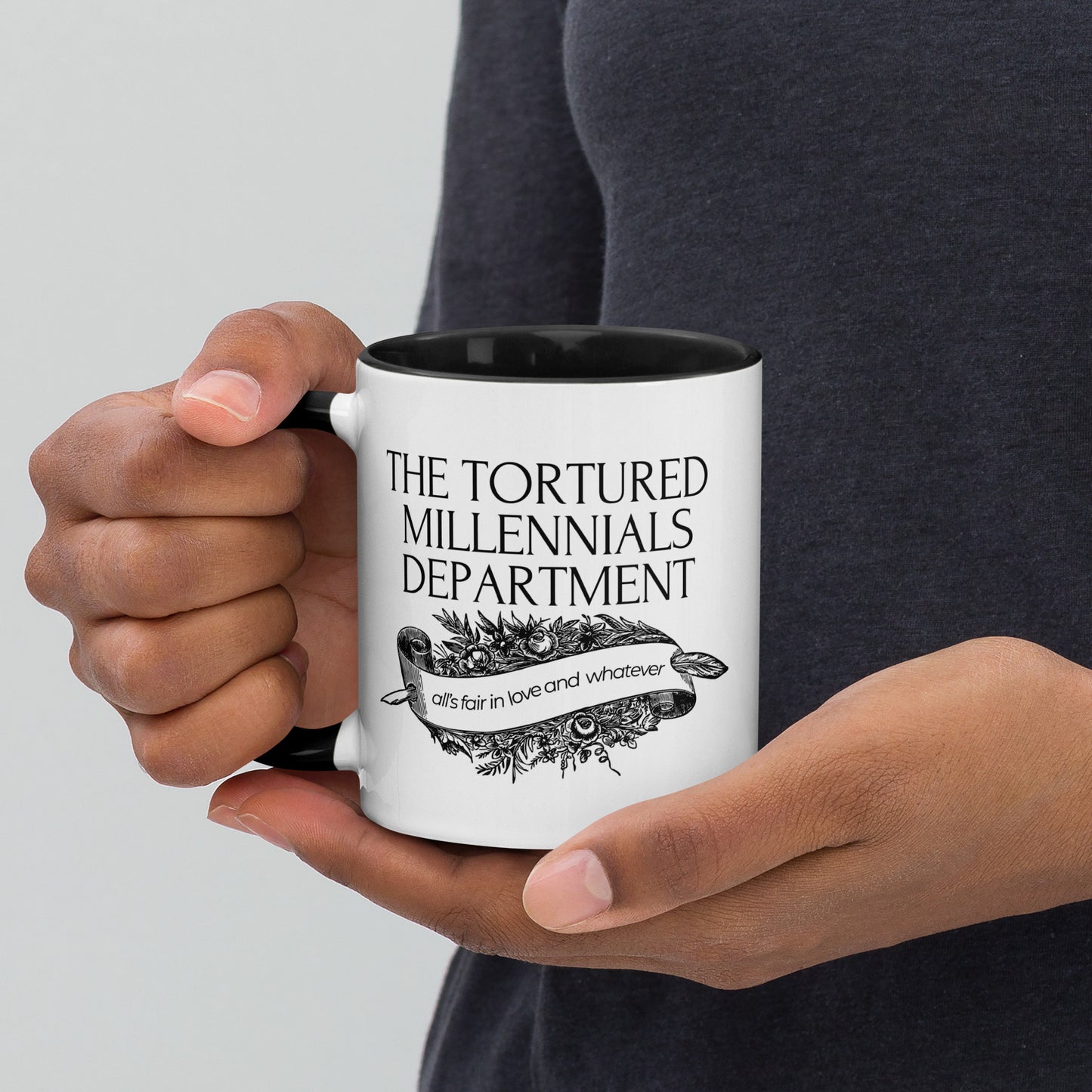 The Tortured Millennials Department Accent Coffee Mug by Spinsterly Co with glossy ceramic and black interior
