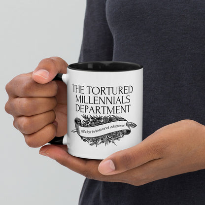 The Tortured Millennials Department Accent Coffee Mug by Spinsterly Co with glossy ceramic and black interior