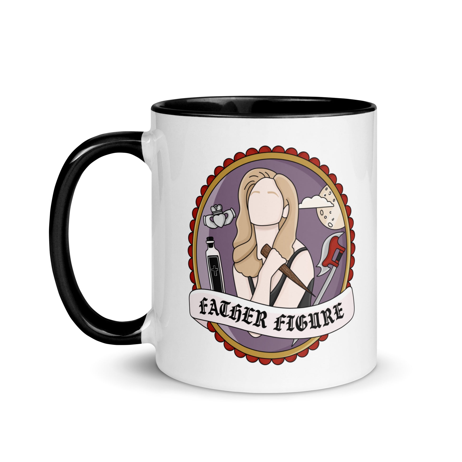 Father Figure Vampire Slayer Accent Coffee Mug by Spinsterly Co, white ceramic with black C handle