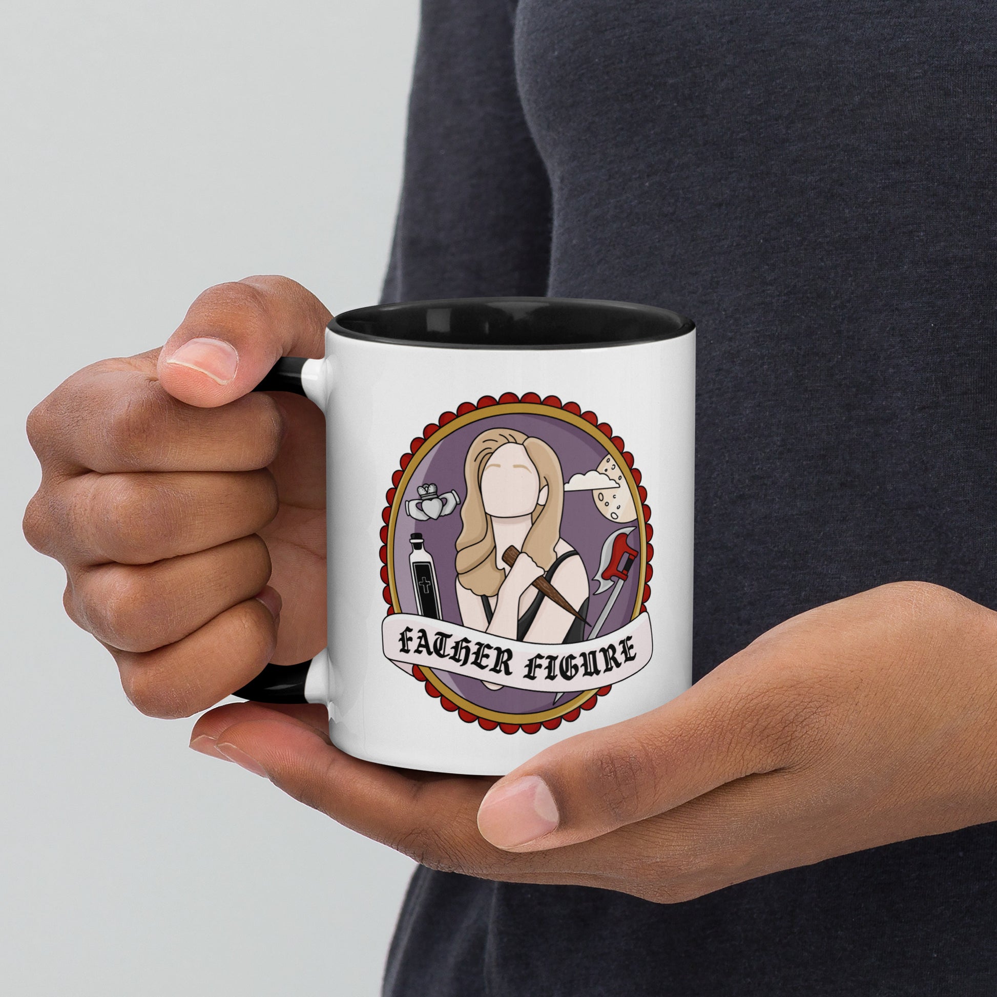 Father Figure Vampire Slayer Accent Coffee Mug by Spinsterly Co, white ceramic with glossy black interior