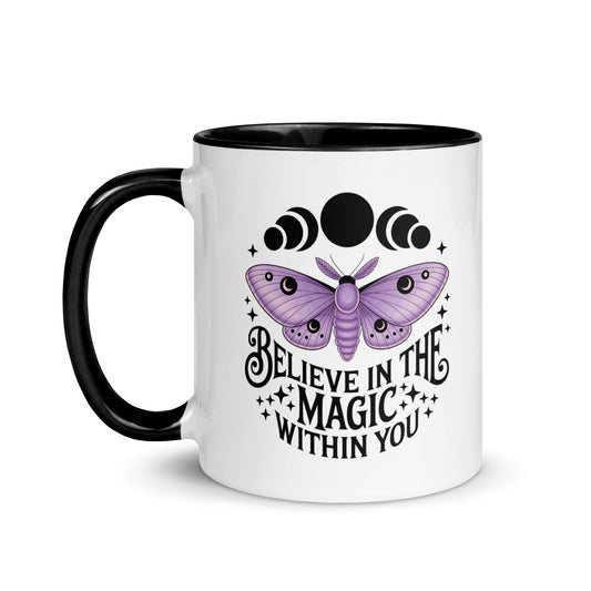 Believe in the Magic Within You Moth and Moon Accent Coffee Mug by Spinsterly Co, white ceramic with glossy finish
