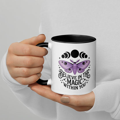 Believe in the Magic Within You Moth Moon Accent Coffee Mug by Spinsterly Co with glossy ceramic and black interior