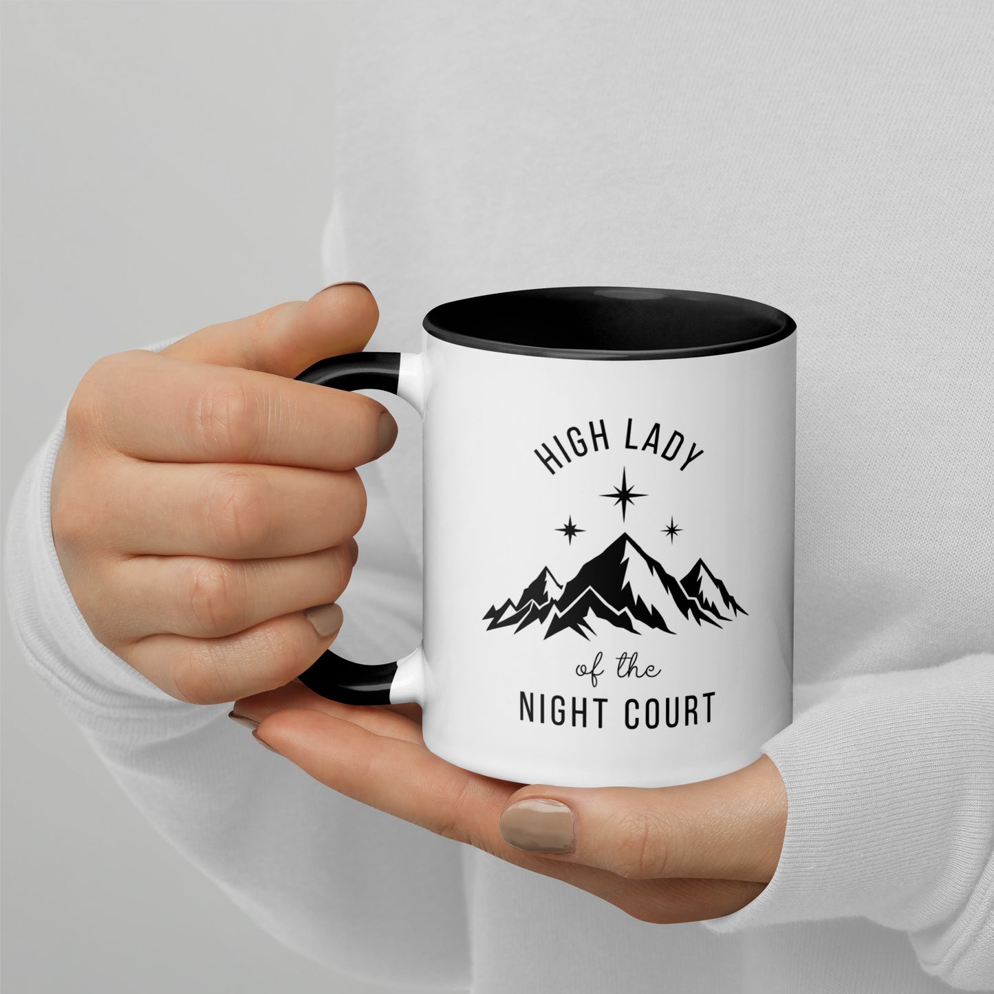 High Lady of the Night Court Mountain Star Accent Coffee Mug by Spinsterly Co, glossy black interior ceramic