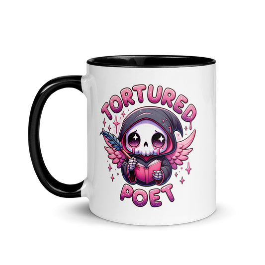 Tortured Poet Kawaii Grim Reaper Accent Coffee Mug by Spinsterly Co, white ceramic with black rim and pink text