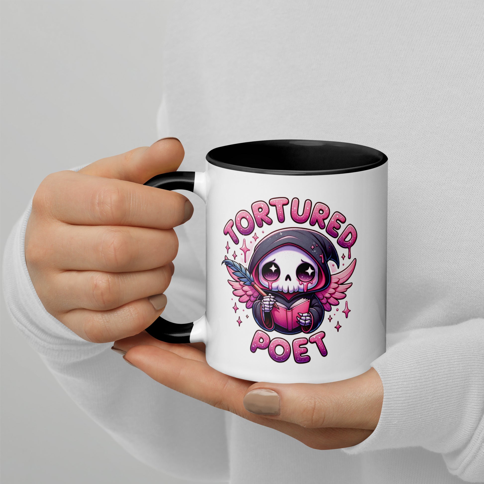 Tortured Poet Kawaii Grim Reaper Accent Coffee Mug by Spinsterly Co, white ceramic with glossy finish