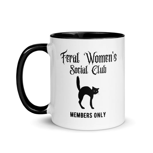Feral Women's Social Club Accent Coffee Mug by Spinsterly Co, white ceramic with black cat silhouette and stamp