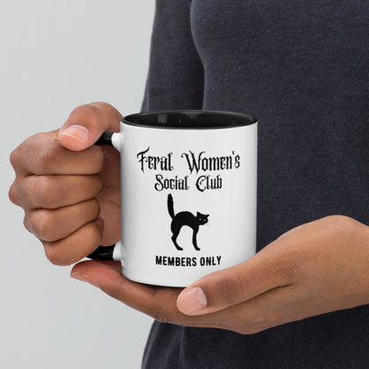 Feral Women's Social Club Accent Coffee Mug by Spinsterly Co, white ceramic with black interior and cat silhouette