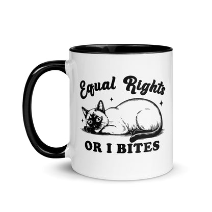 Equal Rights or I Bites Siamese Cat Accent Coffee Mug by Spinsterly Co, glossy white with black interior