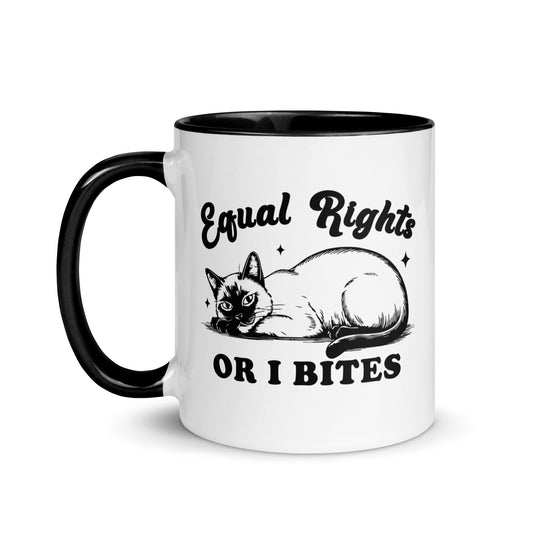 Equal Rights or I Bites Siamese Cat Accent Coffee Mug by Spinsterly Co, glossy white with black interior