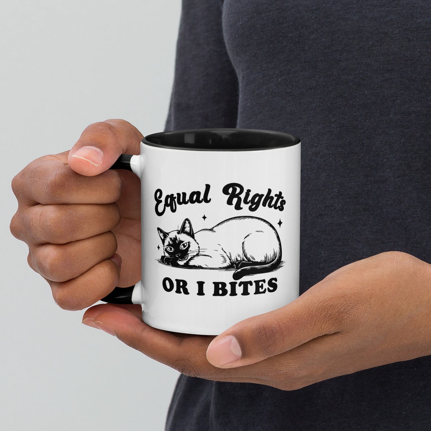 Equal Rights or I Bites Siamese Cat Accent Coffee Mug by Spinsterly Co, white ceramic with glossy finish