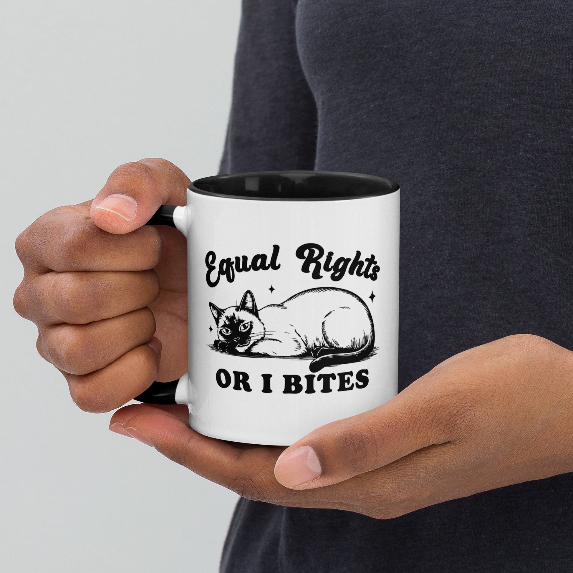 Equal Rights or I Bites Siamese Cat Accent Coffee Mug by Spinsterly Co, white ceramic with glossy finish
