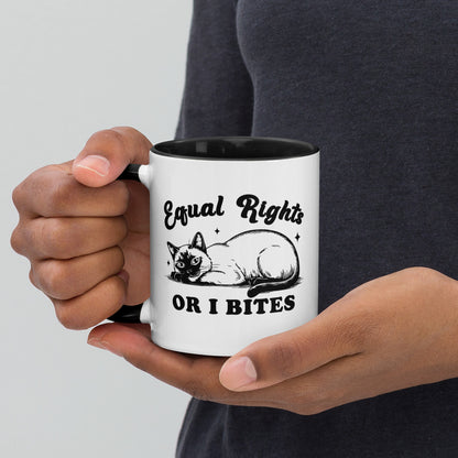 Equal Rights or I Bites Siamese Cat Accent Coffee Mug by Spinsterly Co, white ceramic with glossy finish