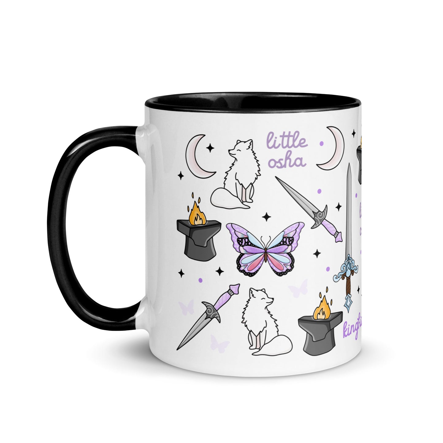 Little Osha Fantasy Scatter Pattern Accent Coffee Mug by Spinsterly Co, white ceramic with black rim and glossy finish