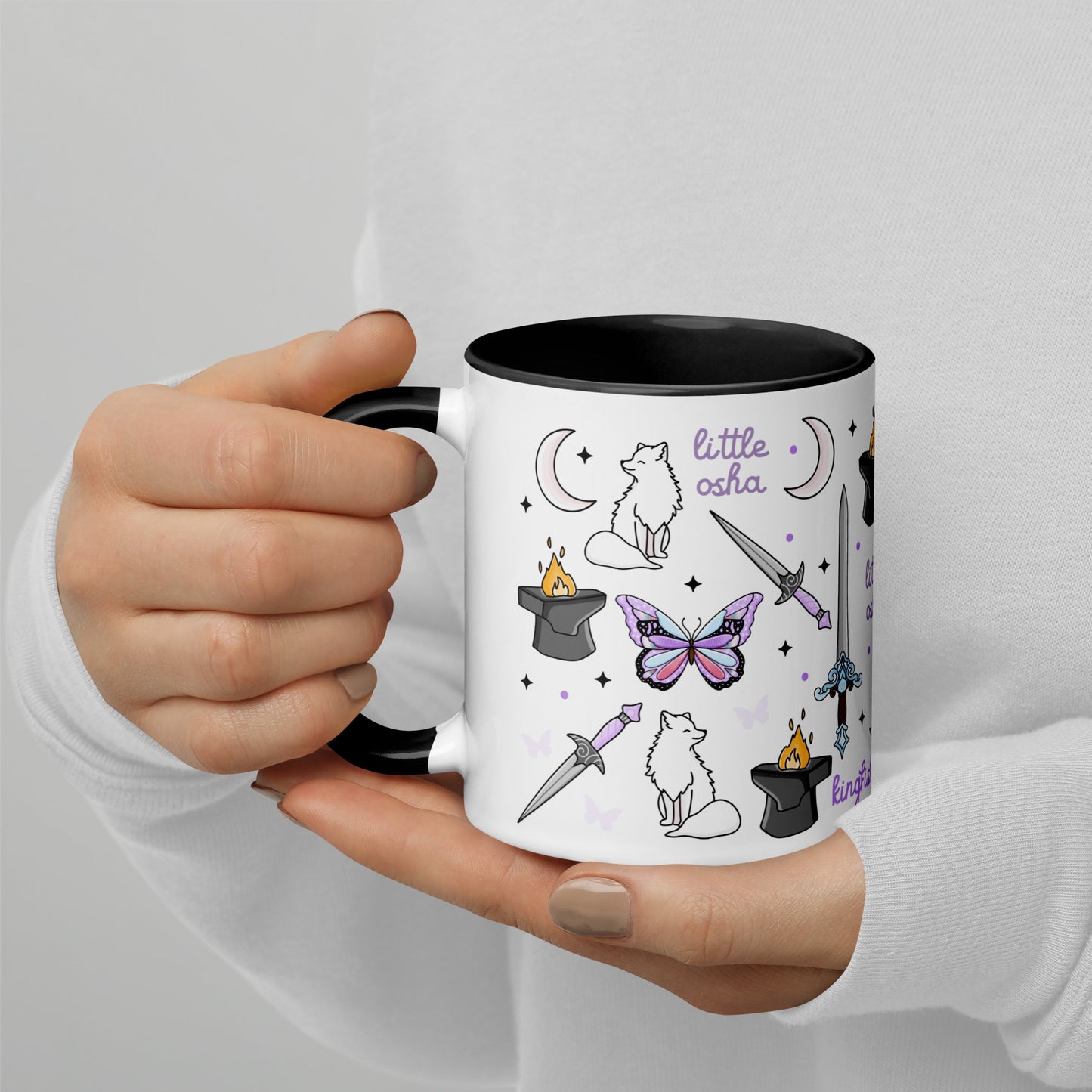Little Osha Fantasy Scatter Pattern Accent Coffee Mug Spinsterly Co, white ceramic with glossy dark interior